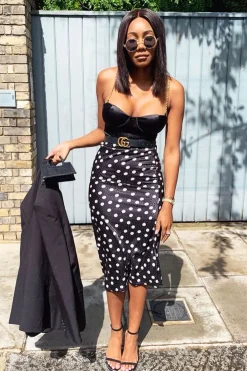 Rebellious Fashion Black White Polka Jacquard Print Satin Midi Skirt - Taija