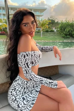 Rebellious Fashion Black White Rebel Print Bardot Crop Top & Mini Skirt Set - Evie