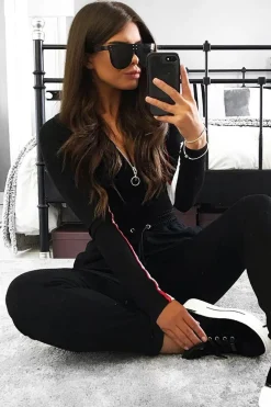 Rebellious Fashion Black White Red Stripe Zip Front Bodysuit - Tyria