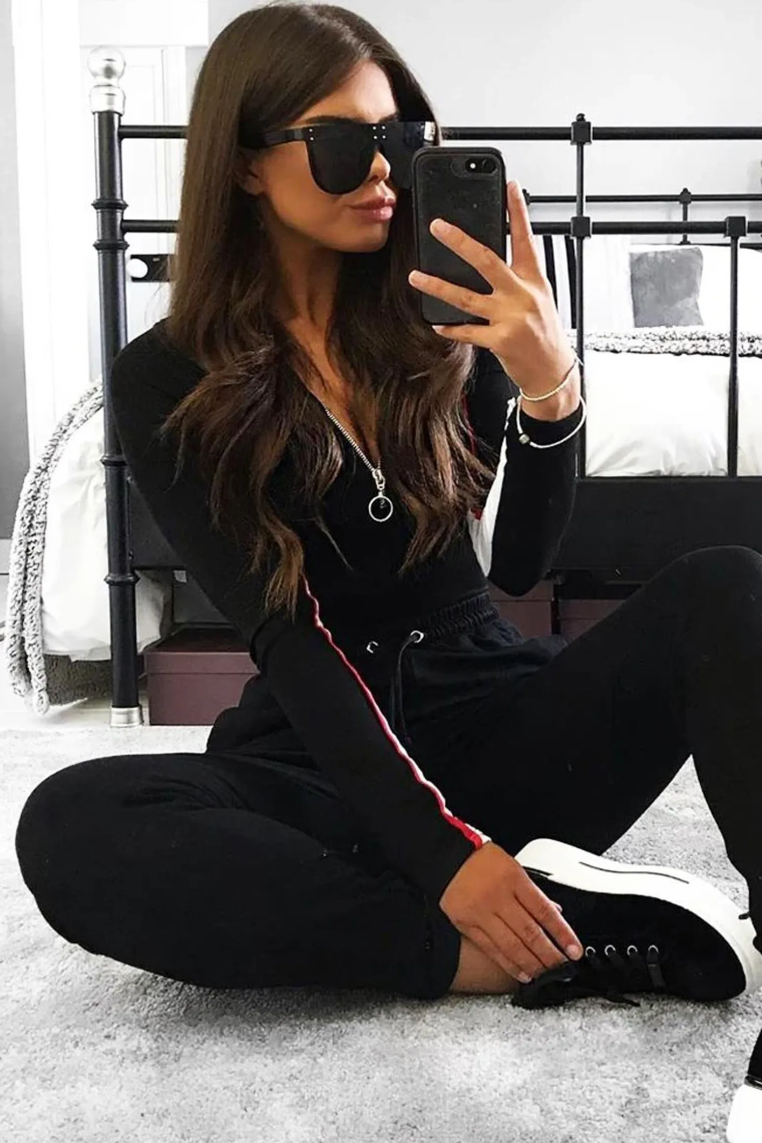 Rebellious Fashion Black White Red Stripe Zip Front Bodysuit - Tyria