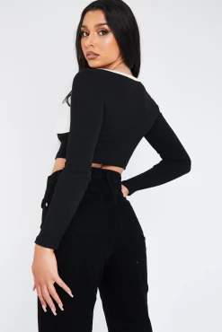 Rebellious Fashion Black White Rib Cup Detail Crop Top - Saff