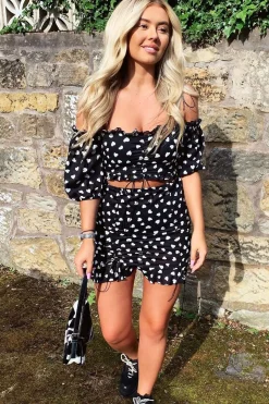 Rebellious Fashion Black White Ruched Frill Heart Print Crop Top and Skirt Co-ord - Skyelar