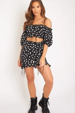 Rebellious Fashion Black White Ruched Frill Heart Print Crop Top and Skirt Co-ord - Skyelar