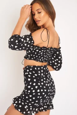 Rebellious Fashion Black White Ruched Frill Heart Print Crop Top and Skirt Co-ord - Skyelar