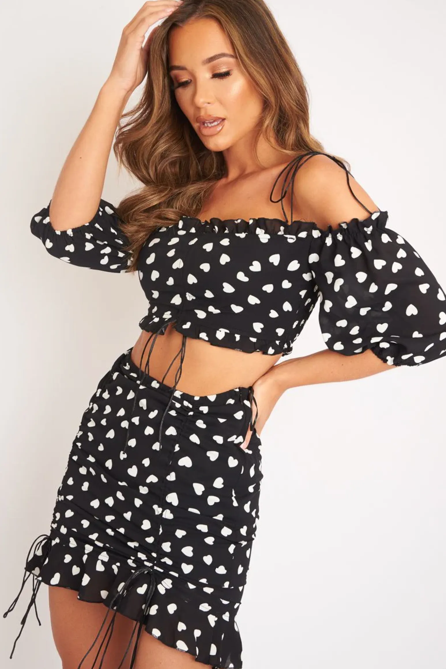 Rebellious Fashion Black White Ruched Frill Heart Print Crop Top and Skirt Co-ord - Skyelar