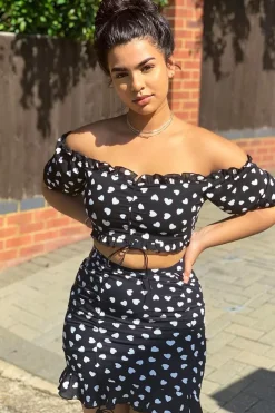 Rebellious Fashion Black White Ruched Frill Heart Print Crop Top and Skirt Co-ord - Skyelar