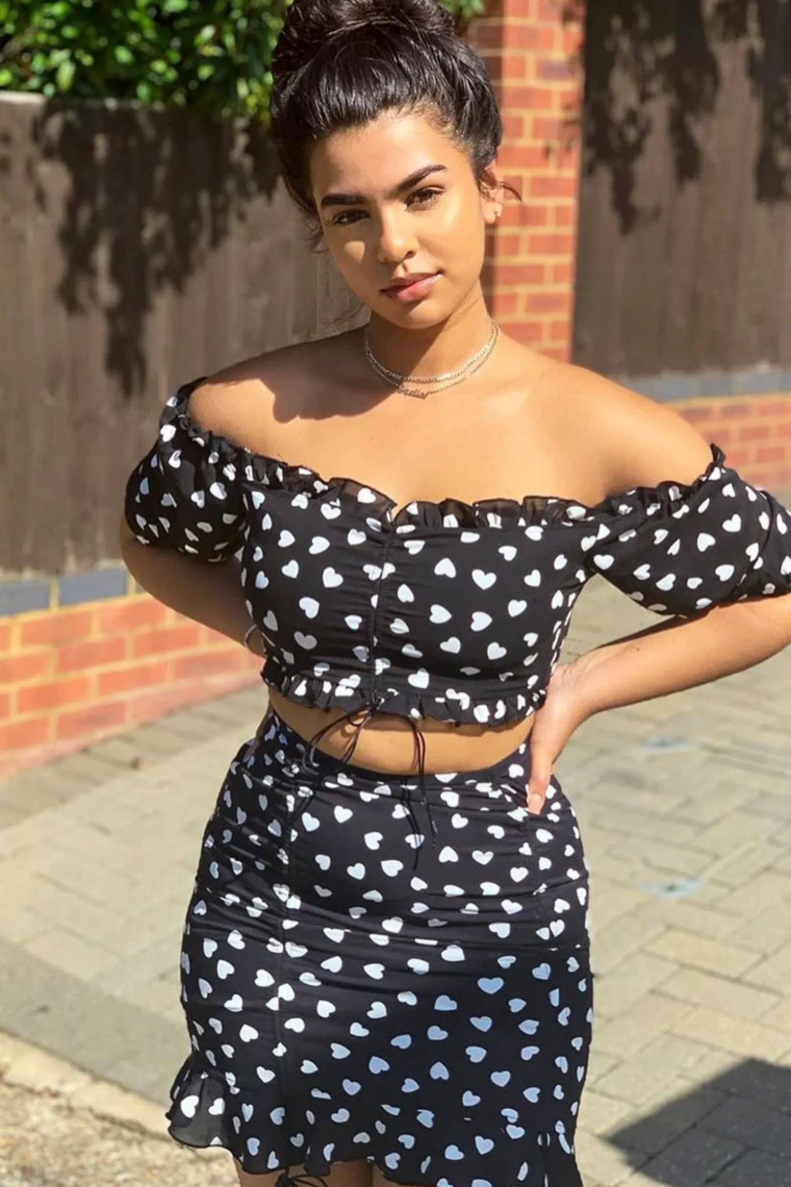 Rebellious Fashion Black White Ruched Frill Heart Print Crop Top and Skirt Co-ord - Skyelar