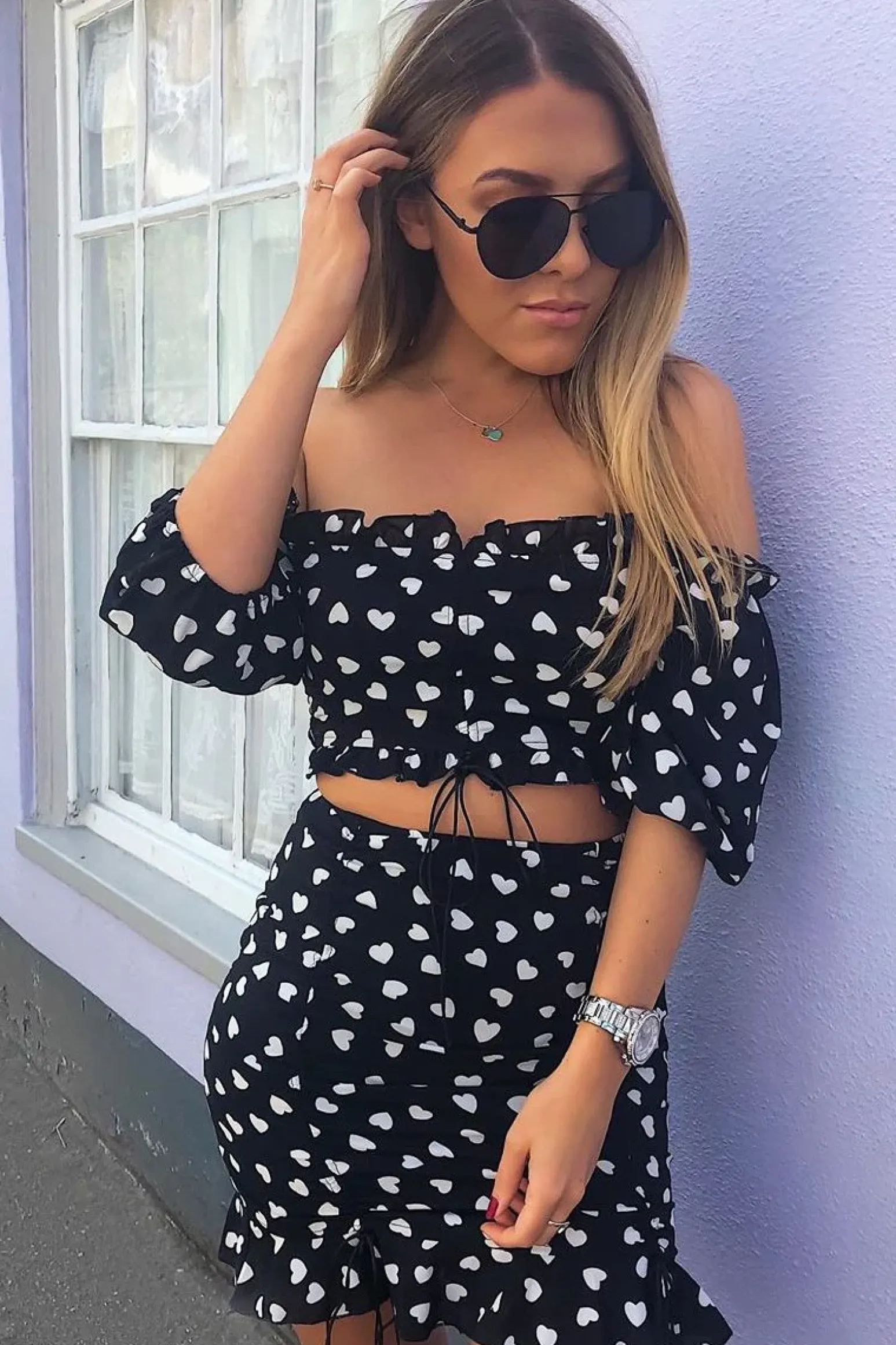 Rebellious Fashion Black White Ruched Frill Heart Print Crop Top and Skirt Co-ord - Skyelar