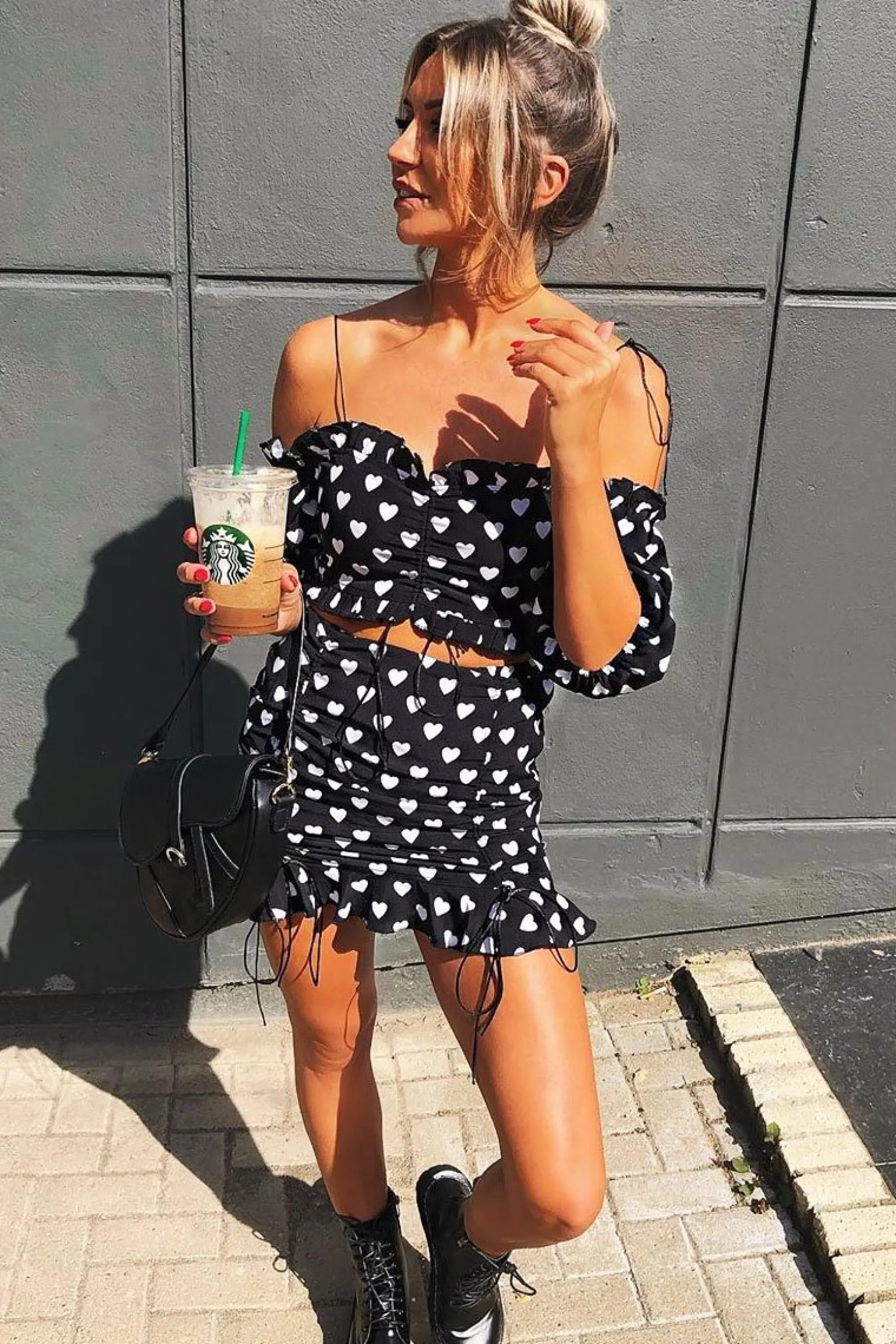 Rebellious Fashion Black White Ruched Frill Heart Print Crop Top and Skirt Co-ord - Skyelar