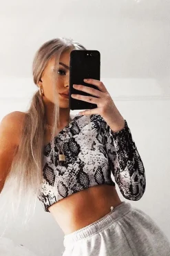 Rebellious Fashion Black White Snake Print One Shoulder Long Sleeve Top - Kalaya
