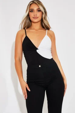 Rebellious Fashion Black White Splice Twist Front Bodysuit - Alayja