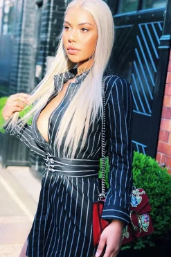 Rebellious Fashion Black White Stripe Corset Shirt Dress - Korrin