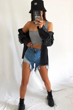 Rebellious Fashion Black White Striped One Shouldered Crop Top - Kamri