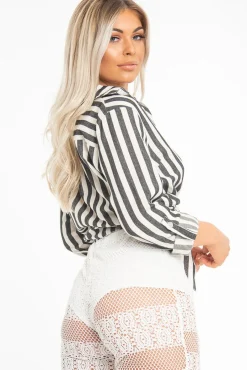 Rebellious Fashion Black White Stripe Oversized Button Down Shirt - Sopha