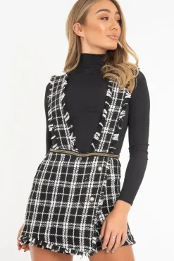 Rebellious Fashion Black White Tweed Pearl Button Playsuit - Jolette