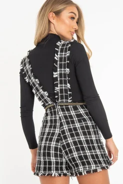 Rebellious Fashion Black White Tweed Pearl Button Playsuit - Jolette