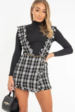 Rebellious Fashion Black White Tweed Pearl Button Playsuit - Jolette