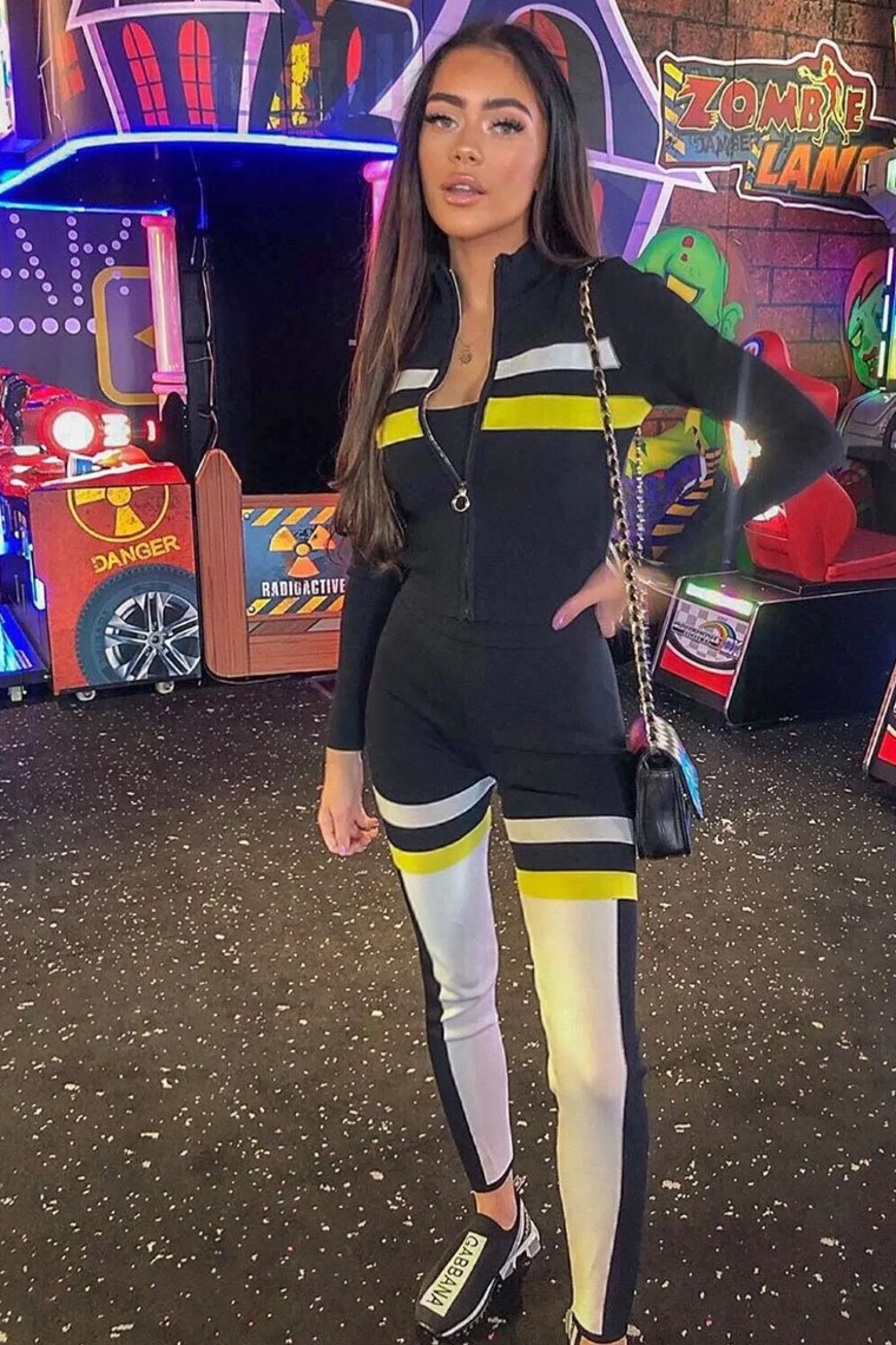 Rebellious Fashion Black White Yellow Striped Leggings and Crop Top - Aalijah