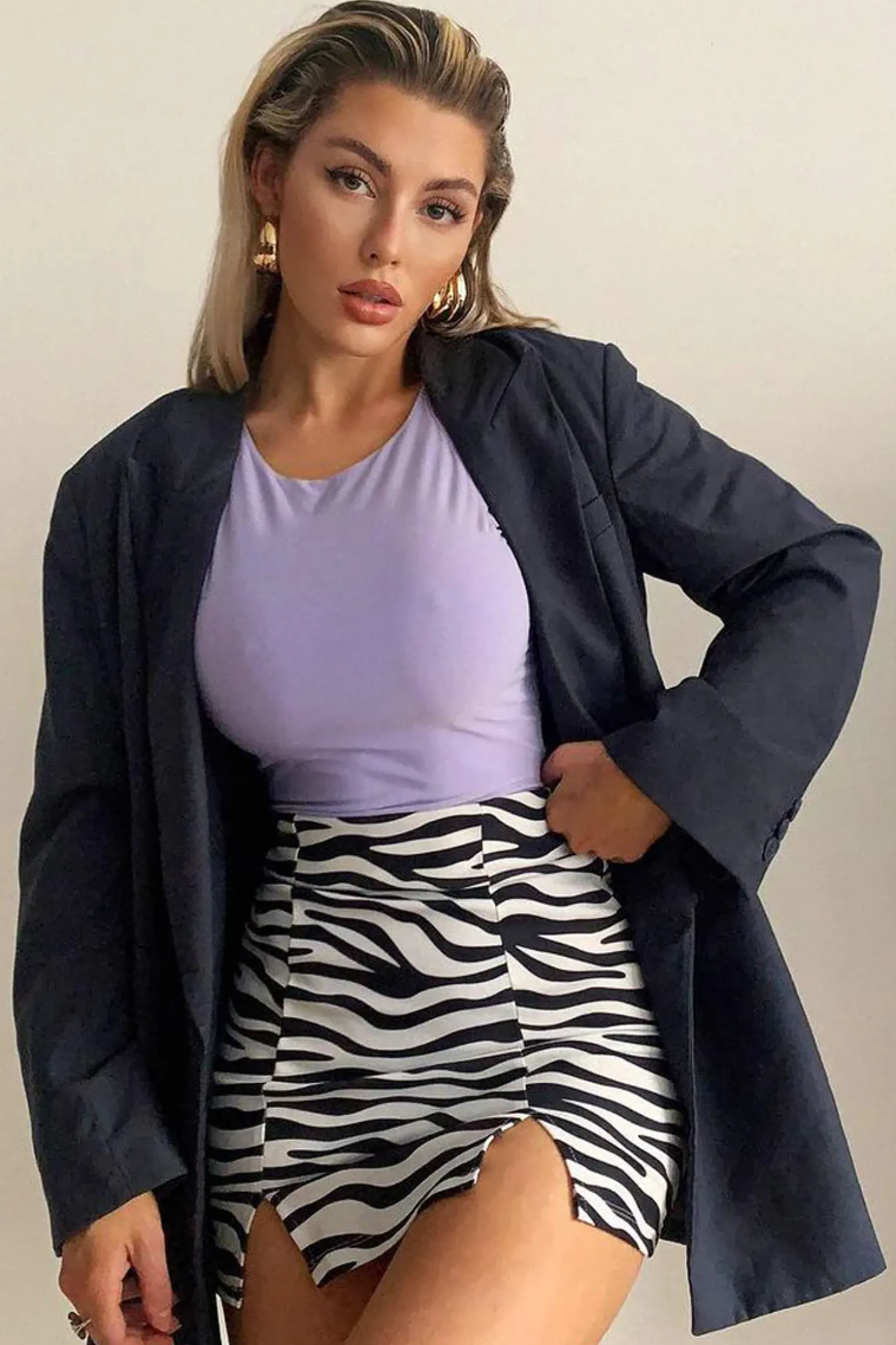 Rebellious Fashion Black White Zebra Print Slit Hem Mini Skirt - Edie