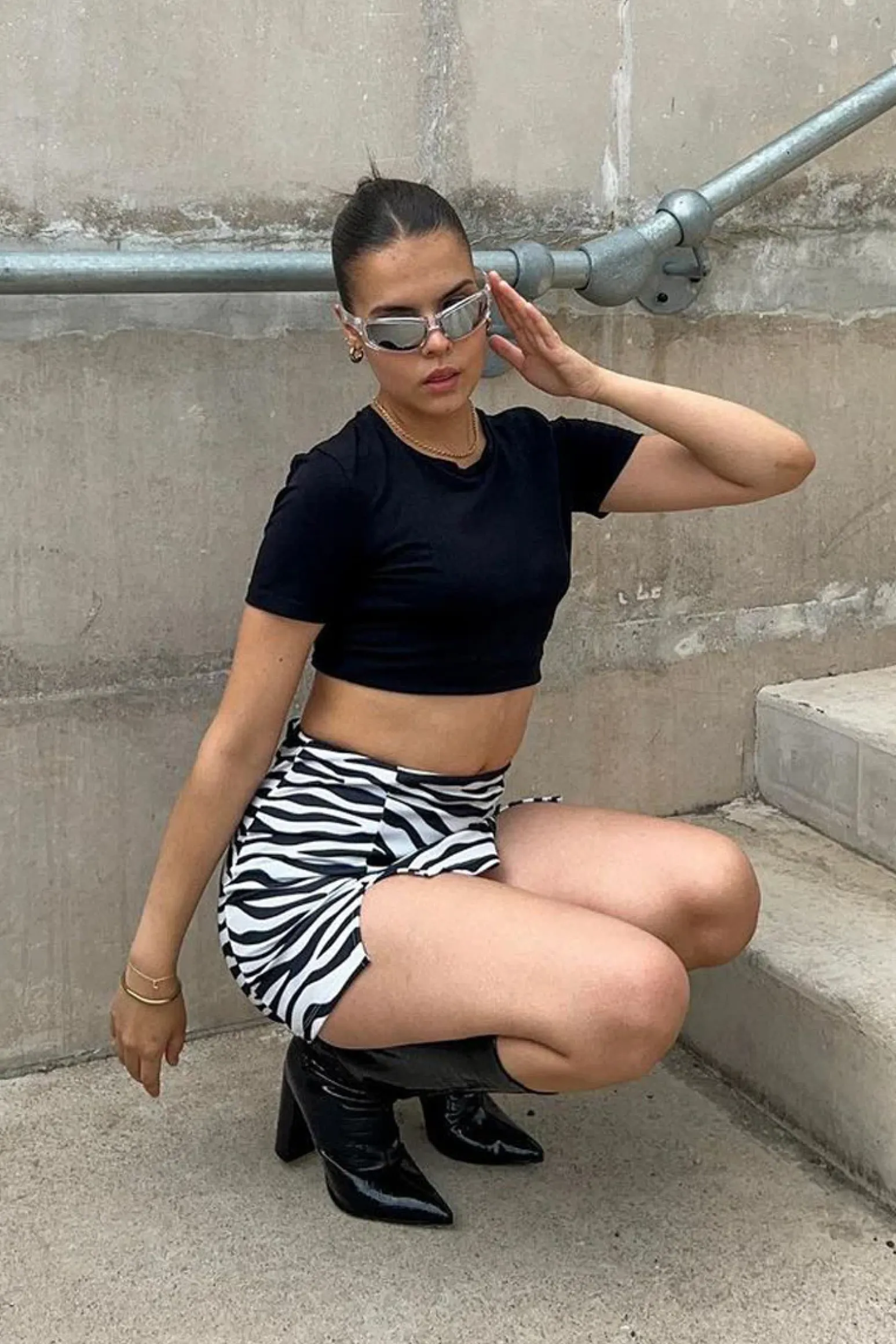 Rebellious Fashion Black White Zebra Print Slit Hem Mini Skirt - Edie