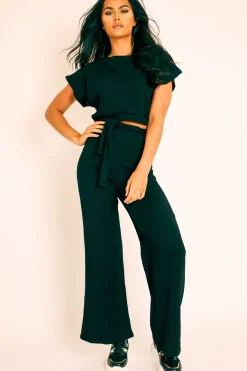 Rebellious Fashion Black Wide Leg Ribbed Crop Top Loungewear Co-ord - Cesilia