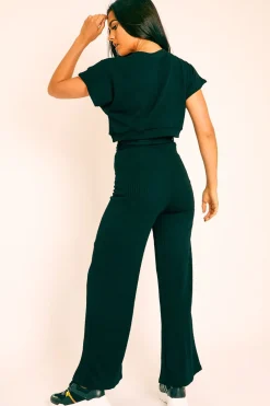 Rebellious Fashion Black Wide Leg Ribbed Crop Top Loungewear Co-ord - Cesilia