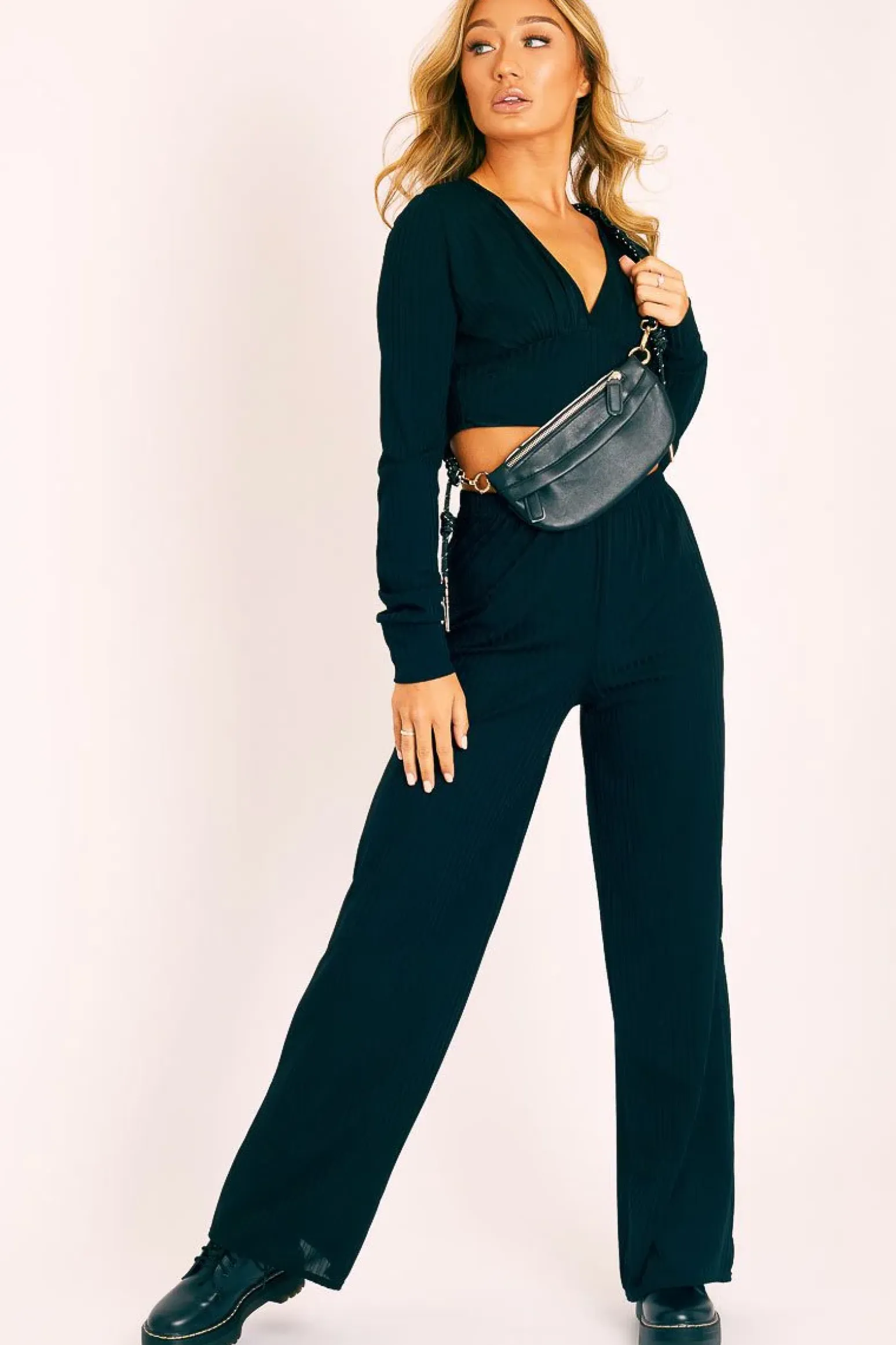 Rebellious Fashion Black Wide Leg Ribbed Plunge Neck Co-ord - Brooke