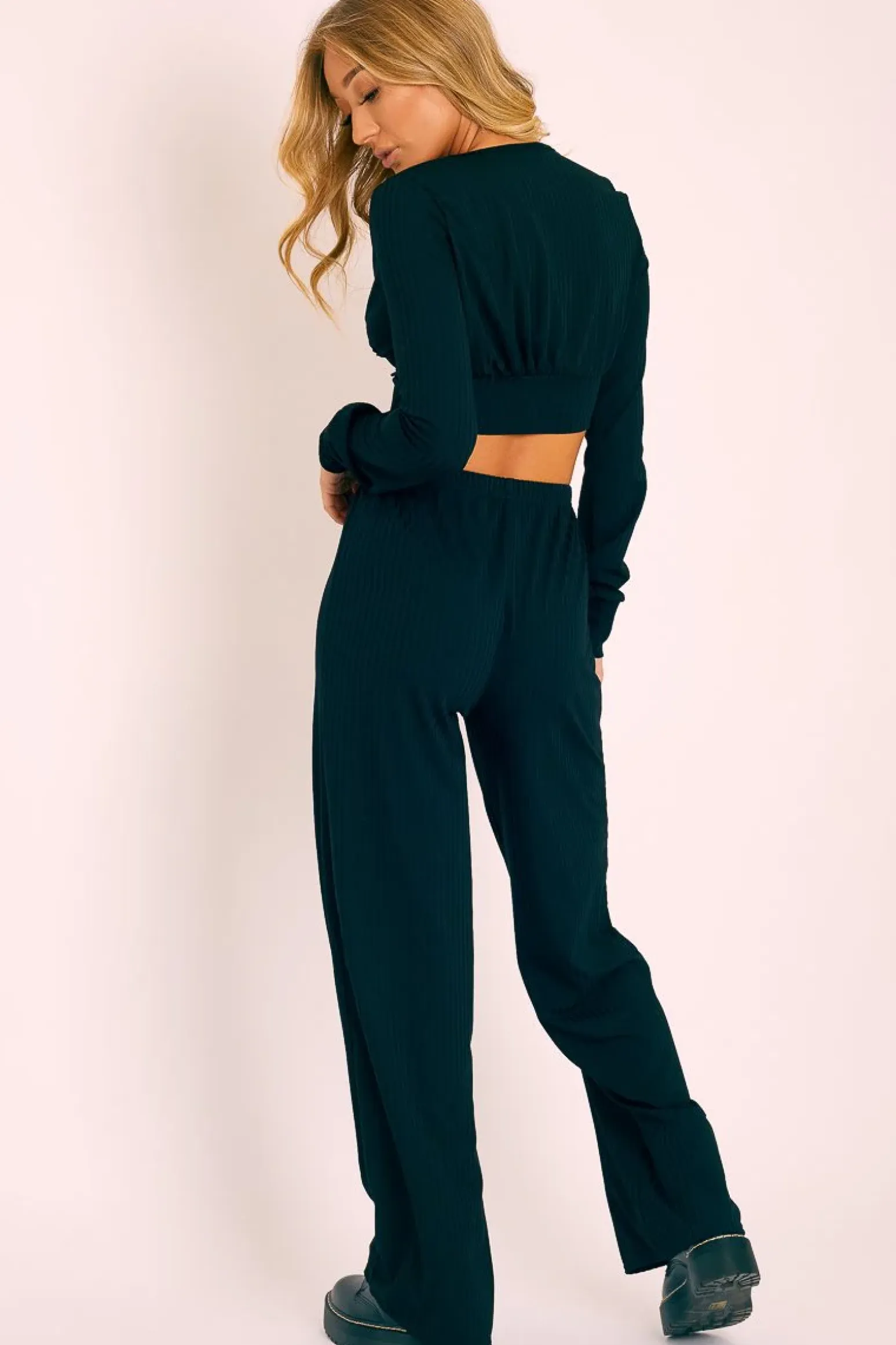 Rebellious Fashion Black Wide Leg Ribbed Plunge Neck Co-ord - Brooke