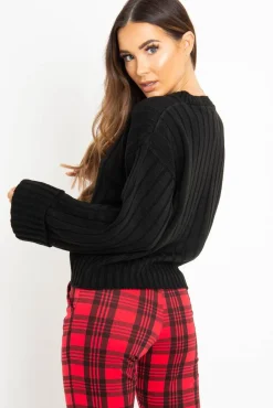 Rebellious Fashion Black Wide Rib V Neck Jumper - Alinah