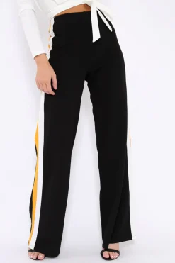 Rebellious Fashion Black with Mustard and White Side Stripe Wide Leg Trousers - Wiley