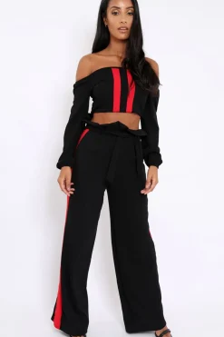 Rebellious Fashion Black With Red Stripe Bardot Crop Top - Livvie