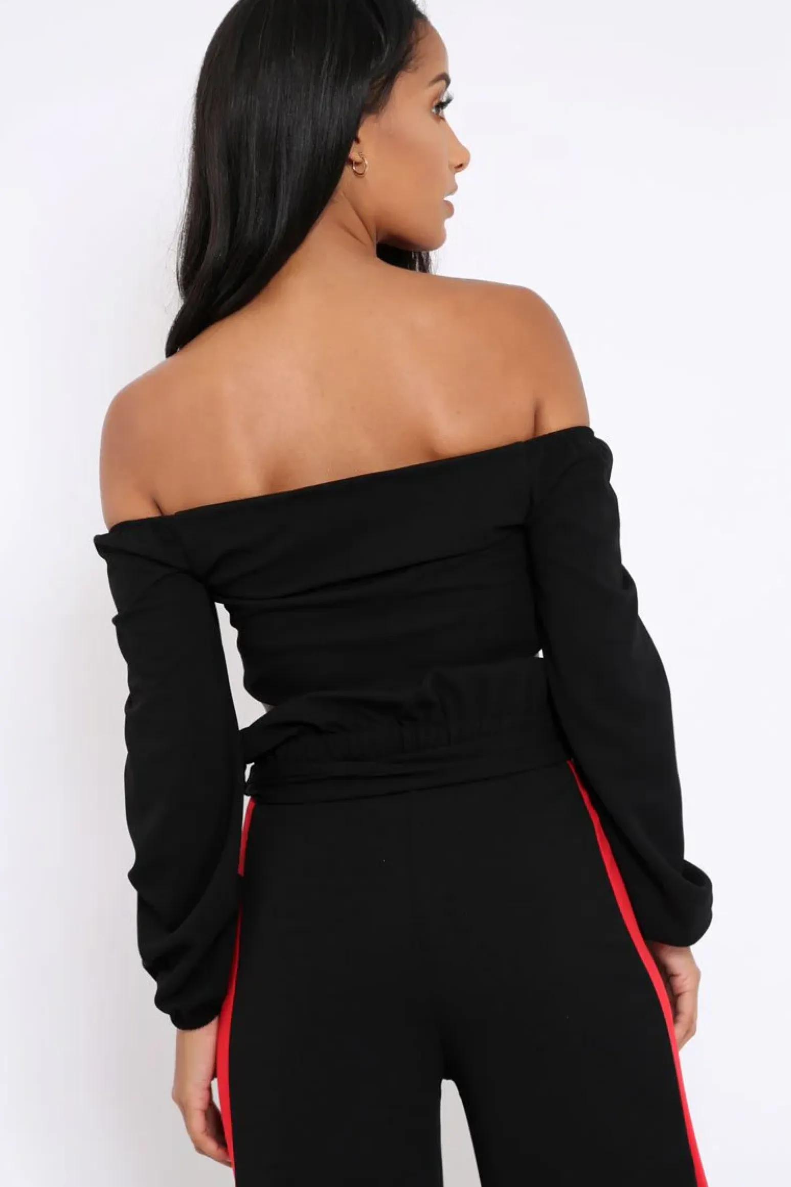 Rebellious Fashion Black With Red Stripe Bardot Crop Top - Livvie