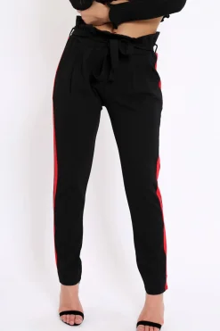 Rebellious Fashion Black With Red Stripe Paper Bag Tie Waist Cigarette Trousers - Karmen
