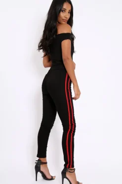 Rebellious Fashion Black with Red Stripe Skinny Jeans - Hadleigh