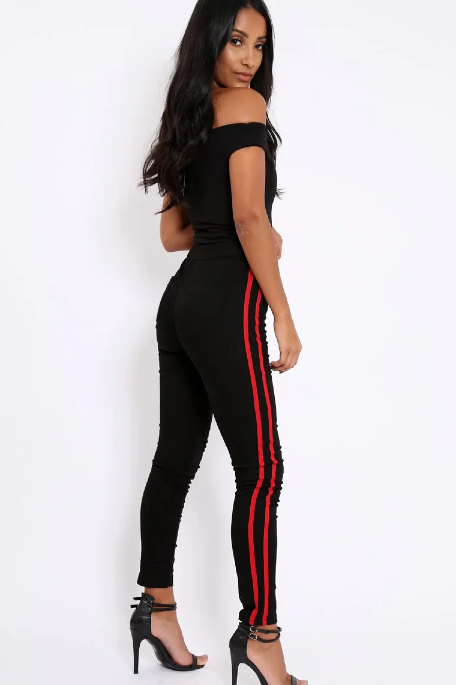 Rebellious Fashion Black with Red Stripe Skinny Jeans - Hadleigh