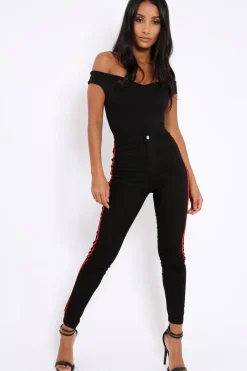 Rebellious Fashion Black with Red Stripe Skinny Jeans - Hadleigh