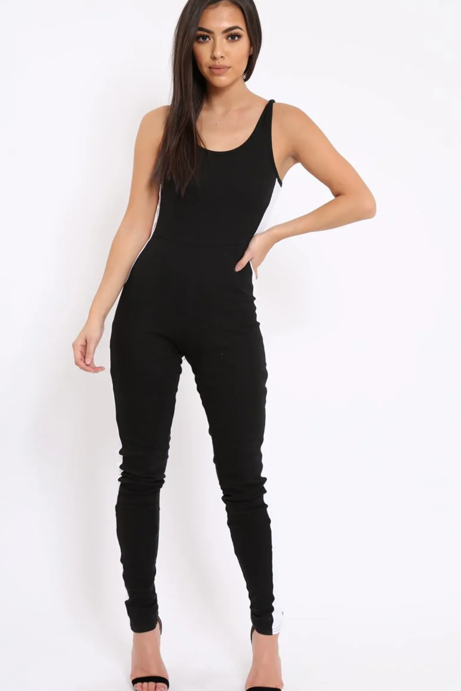 Rebellious Fashion Black With White Side Stripe Bodycon Jumpsuit - Tinisha