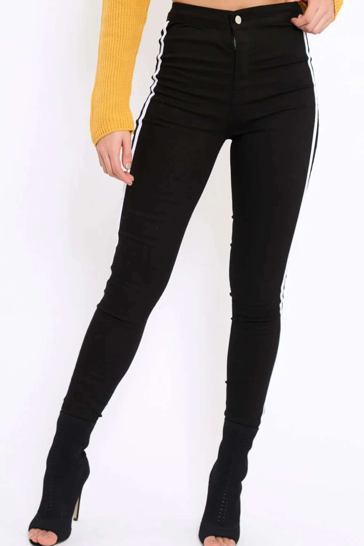 Rebellious Fashion Black with White Stripe Skinny Jeans - Hadleigh