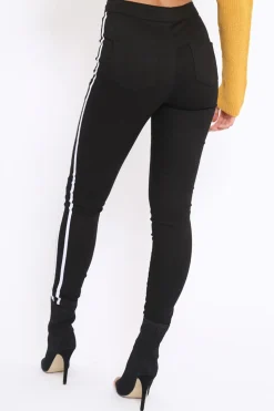 Rebellious Fashion Black with White Stripe Skinny Jeans - Hadleigh