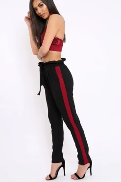 Rebellious Fashion Black With Wine Stripe Paper Bag Tie Waist Cigarette Trousers - Karmen