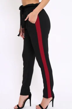 Rebellious Fashion Black With Wine Stripe Paper Bag Tie Waist Cigarette Trousers - Karmen