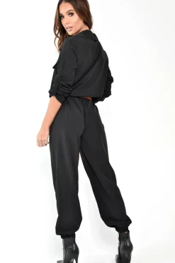 Rebellious Fashion Black Woven Button Down Boiler Jumpsuit - Janise