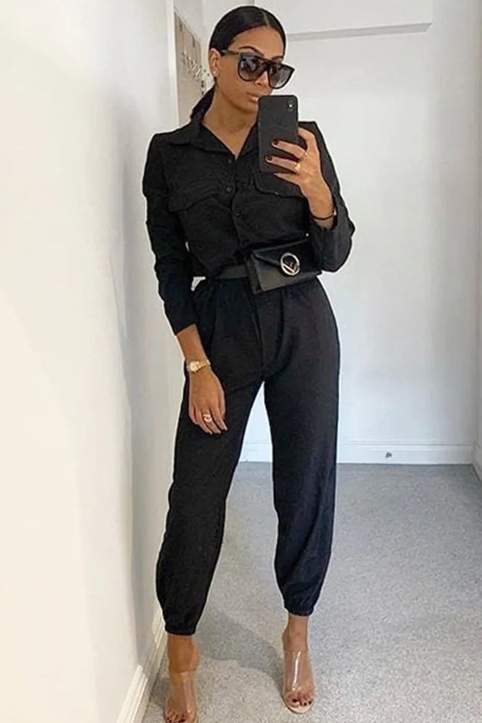 Rebellious Fashion Black Woven Button Down Boiler Jumpsuit - Janise