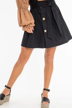 Rebellious Fashion Black Woven Button Front Pleated Mini Skirt - Louisa