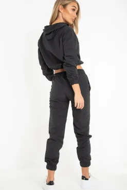 Rebellious Fashion Black Woven Drawstring Hoodie Jogger Co-Ord - Elvira