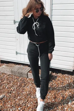 Rebellious Fashion Black Woven Drawstring Hoodie Jogger Co-Ord - Elvira