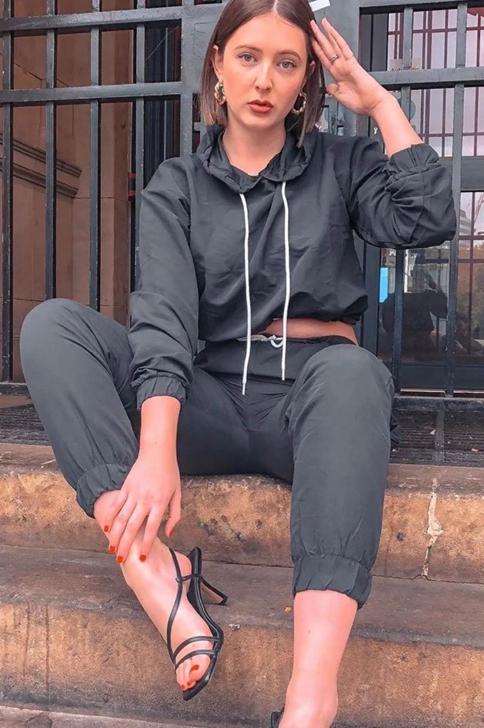 Rebellious Fashion Black Woven Drawstring Hoodie Jogger Co-Ord - Elvira