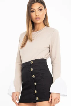 Rebellious Fashion Black Woven Horn Button Front Mini Skirt - Cammy