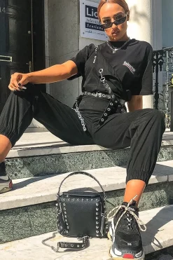 Rebellious Fashion Black Woven Leather Eyelet Detail Cuffed Dungarees - Sigrid