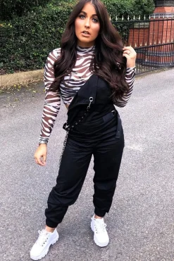 Rebellious Fashion Black Woven Leather Eyelet Detail Cuffed Dungarees - Sigrid